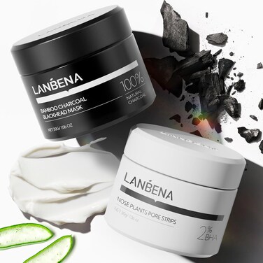 LANBENA 2 PCS Pore Strips, 2% BHA(Salicylic Acid) Nose Pore Strips 2.0 + Bamboo Charcoal Blackheads Remover Peel off Mask 3.0, Plants Pore Cleanser Purifying, added Amazonian White Clay, Oil Control