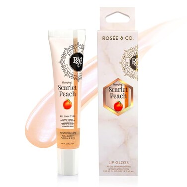 ROS&Eacute;E &amp; CO Rosee Lip Gloss Vegan &amp; Cruelty Free Treatment, Professional Make up, Long Lasting Glossy with Shea Butter, Moisturize, Protect &amp; Smooth, High Shine, Non-Sticky - Scarlet Peach