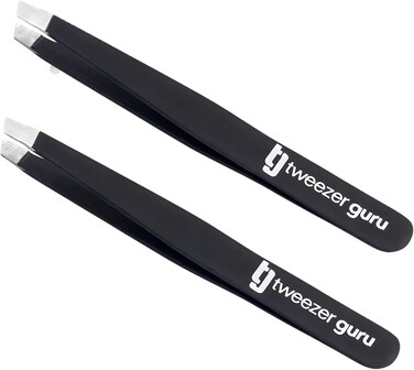 Tweezer Guru Tweezers for Women - 2pc Slant Pointed Precision Tweezers for Eyebrows &amp; Ingrown Hair Removal - Blackhead and Splinter Tweezer with Sharp Needle Nose Point for Plucking (Black)