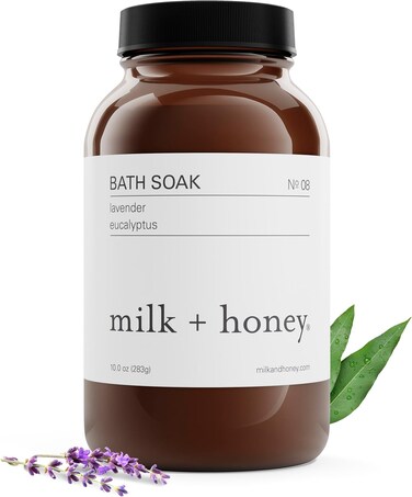 milk + honey Calming Bath Soak No. 8, Moisturizing Epsom Salt Bath Soak with Lavender and Eucalyptus Oils, Soothing and Relaxing Bath Soak, 10 oz