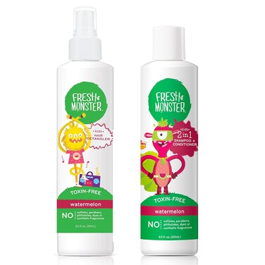 Fresh Monster Kids Hair Detangler Spray &amp; 2-in-1 Shampoo &amp; Conditioner Combo, Toxin-Free, Hypoallergenic &amp; Natural, Watermelon (8.5 oz Detangler &amp; 8.5 oz 2-in-1 Shampoo &amp; Conditioner)