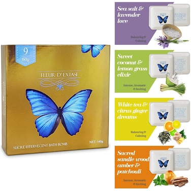 Set of 9 Organic Bath Bombs in a Beautiful Bath Bomb Gift Set - French Style Effervescent Ecstacy Bathbomb Essential Oil Spa Fizzies. Made with Natural Colors