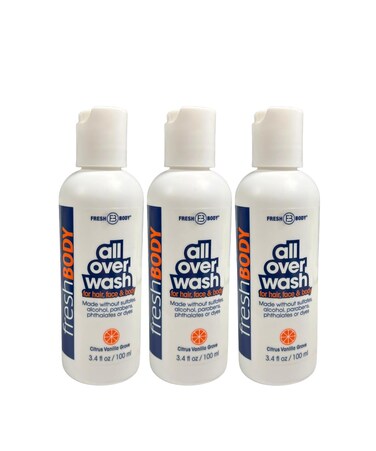 Fresh Body FB All Over Wash for Hair, Face &amp; Body - Citrus Vanilla Grove, 3.4oz (3 Pack) Travel Size Body Wash for Men &amp; Women, No Alcohol, Sulfates, Dyes or Parabens