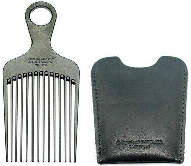 Chicago Comb No. 7 Carbon Fiber + Horween Dublin Black leather sheath, Made in USA, Detangling Pick &amp; Lift Comb, Men &amp; Women, Long, Curly &amp; Thick Hair, Big Beards &amp; Afros, Anti-Static, 6" (15 cm) Long