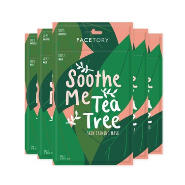 FACETORY K Beauty Face Mask Skin Care - Soothe Me Tea Tree 2-Step Sheet Mask with Tea Tree Extract &amp; Chamomile + Soothing Ampoule   Skin Calming, Acne Clearing (5 Pack)