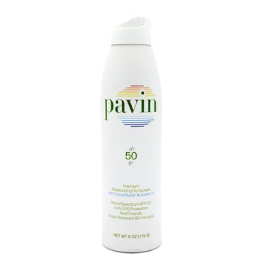 Pavin SPF 50 Moisturizing Sunscreen Spray with Cocoa Butter and Jojoba Oil  Broad Spectrum UVA/UVB Sunscreen, Reef Friendly, 6 Fl Oz (Pack of 1)
