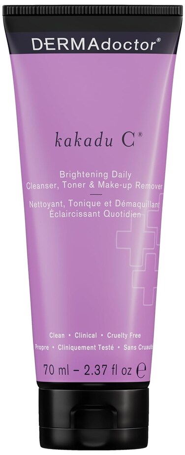 DERMAdoctor Kakadu C Dermatologist Formulated Vitamin C Brightening Daily 3 in 1, Exfoliating Face Wash, Toner, Make up Remover, Hydrating Facial Cleanser for Uneven, Dull Skin, Travel Size - 2.37 oz