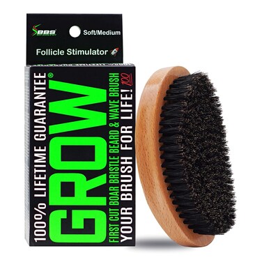 GROW First Cut Boar Bristle Beard &amp; Wave Brush for Men 360 - Beard/Hair Growth Follicle Stimulator - Exfoliate - Detangle - Moisturize - Improve Circulation &amp; Blood Flow (USA)