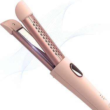 Cool Air Curler Titanium Curling Wand 2 in 1 Hair Flat Iron 1&rdquo; Styler for Loose Curls and Straight Styles, Max 430F, Auto Off, Dual Voltage (Pink)