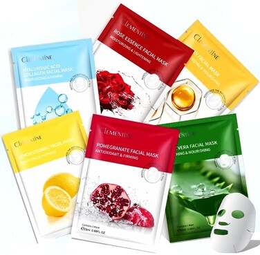 Clementine Hydrating Face Mask Sheet Set - 6-in-1 Anti-Aging &amp; Moisturizing Masks, Natural Ingredients, 6 Bags (0.88 Fl Oz / 25ml Each)