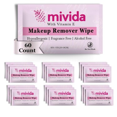 mivida 60 Count Individually Wrapped Makeup Remover Wipes With Vitamin E   Fragrance-Free, Alcohol-Free Hypoallergenic single make up removing wipes   Hotel Travel Size Toiletries