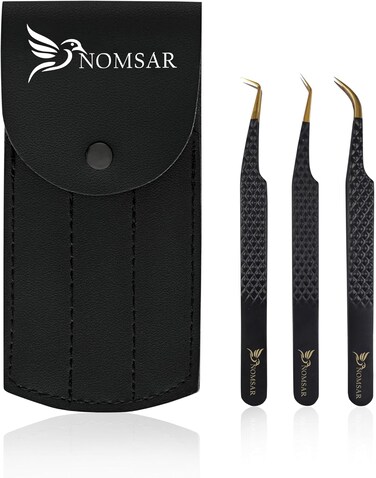 Eyelash Tweezers with Curved Fiber Tip, Precision lashes Tweezers, Stainless Steel Pointed Tweezers with Diamond Grip for Volume lash Extension Application &amp; Multipurpose (Black)
