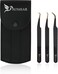 Eyelash Tweezers with Curved Fiber Tip, Precision lashes Tweezers, Stainless Steel Pointed Tweezers with Diamond Grip for Volume lash Extension Application &amp; Multipurpose (Black)
