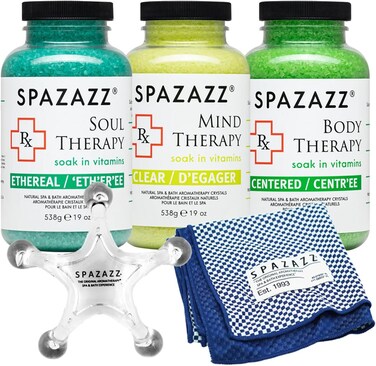 RX Therapy Spa and Hot Tub Aromatherapy Scented Relaxation Bath Salt Crystals - Mind Body and Soul Bundle Gift Set (19 Oz) Includes 5 Point Full Body Massage Tool &amp; Hot Cold Towel (19OZ 3 Pack)