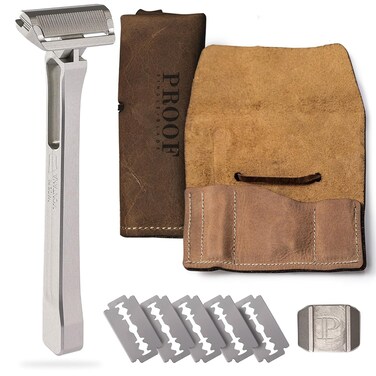 Proof Razor Single Blade Safety Razor CNC Machined Aluminum Metal Made in USA Pivoting Head Smooth Shave Easy Blade Replacement Includes Genuine Leather Case, Suction Cup Holder, and Extra Blades