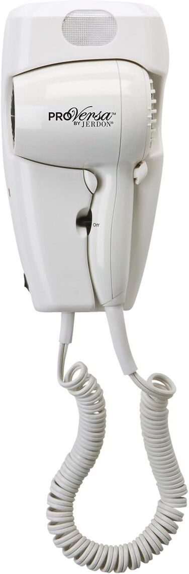 Jerdon Wall-Mount Hair Dryer - White Plug-in Hotel Style with 32 Power Cord - Wall Mounted JWM8C