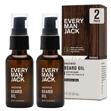 Every Man Jack Unscented Beard Oil for Men - Fragrance Free for Sensitive Skin - Naturally Moisturizes and Softens Beard w/Shea Butter &amp; Argan Oil - 1 fl oz (2 pack)