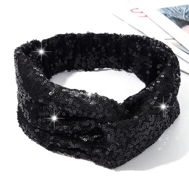CAKURE Sequins Headbands Criss Cross Hairbands Stretchy Head Bands African Head Wrap Breathable Fabric Head Bands Hair Accessories for Women and Girls Pack of 1 (Black)