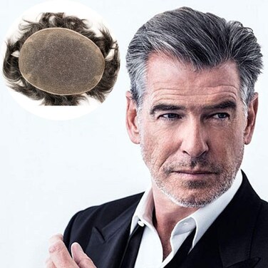Swiss Full Lace Men&rsquo;s Toupee 1B Black Color Real Human Hair Mixed 20% Grey Synthetic Hair Replacement for Men Hairpiece