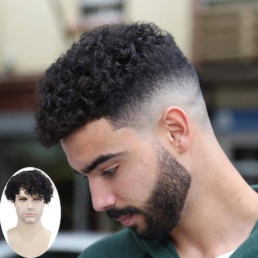 Toupee for Men European Human Hair Replacement System Hairpieces Soft Thin Super Full Swiss Lace Toupee 10&rdquo;x8&rdquo; Base Small Curly Natural Black Color