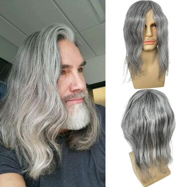 Swiss Full Lace Men&rsquo;s Toupee Real Human Hair 1B Mixed 80% Grey Synthetic Hair Replacement for Men Hairpiece 12inch Long Hair