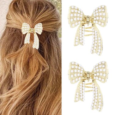 BARTOSI Pearl Bow Hair claw Clips Gold Metal Hair Clips Bowknot Hair Claw Clamps Cute Hair Styling Hair Accessories for Women and Girls (Pack of 2)