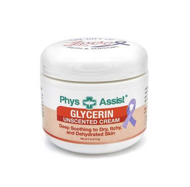 PhysAssist Oncology Glycerin Unscented Moisturizer Cream for Dry Stressed Skin. Designed for those with Fragrance Intolerances after Radiation and Chemo Treatments. 4 Oz jar.