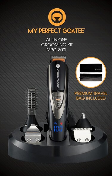 My Perfect Goatee&reg;️ 13-in-1 Mens Grooming Kit - LED Display Beard Trimming Kit with Travel Bag, Charging Stand, &amp; More - Waterproof, Cordless Electric Trimmer for Nose, Body, &amp; More &ndash; Ideal Gift Set