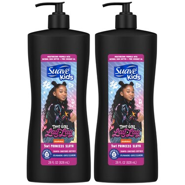 Suave Kids 3-in-1 Shampoo - That Girl Lay Lay Princess Slaya Tear-Free Kids Shampoo, Conditioner &amp; Body Wash, Soap, 28 Fl Oz (Pack of 2)