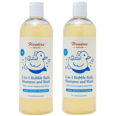 Flanders Bubble Bath - Shampoo &amp; Wash 3-IN-1, Pharmacist Developed, Plant Based, Unscented, Clean Ingredients, Calming &amp; Fun for Sensitive Skin, All Ages (2 Pack of 15oz Bottles)