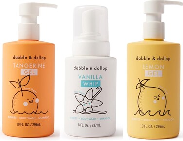 Dabble &amp; Dollop Citrus Kiss Bundle, Natural Bubble Bath, Body Wash &amp; Shampoo for Kids, USA-made, Paraben &amp; Sulfate Free, Vegan, Gluten-Free, Tear-Free, Tangerine, Vanilla, Lemon (Set of 3)