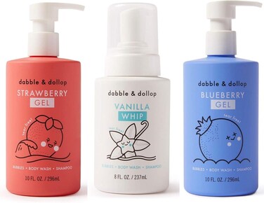 Dabble &amp; Dollop USA Bundle, 3-in-1 Natural Bubble Bath, Body Wash &amp; Shampoo for Kids, USA-Made, Paraben &amp; Sulfate Free, Vegan, Tear-Free, Strawberry, Vanilla &amp; Blueberry (Set of 3)