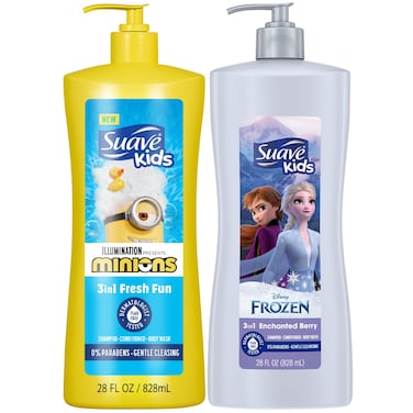 Suave Kids 3-in-1 Variety 2-Pack &ndash; Minions Fresh Fun + Frozen Elsa Berry Flurry Tear-Free Shampoo, Conditioner &amp; Body Wash, 28 Oz Ea