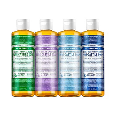 Dr. Bronner's - Pure-Castile Liquid Soap (8 oz Variety Pack) Peppermint, Lavender, Almond &amp; Baby Unscented - Made with Organic Oils, 18-in-1 Uses: Face, Body, Hair, Laundry, Pets and Dishes   4 Count