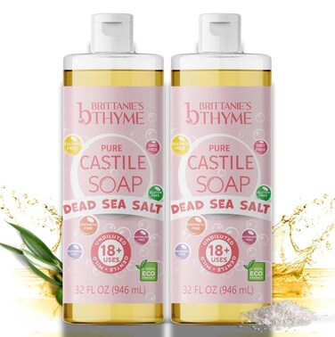 Brittanie's Thyme Pure Castile Liquid Soap Refill, 32 Fl Oz (Pack of 2)   For Hair &amp; Body, Gentle and Pure, Made with Natural Luxurious Oils, Vegan &amp; Gluten Free Non-GMO (Dead Sea Salt)