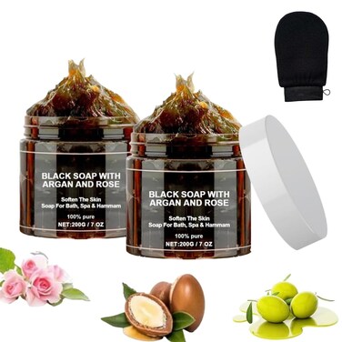 Dragon Honor Morocco Black Soap With Argan And Rose, Zawina Morocco Black Beldi Soap, Zawina Moroccan Black Soap(200g/PCS, 2PCS)