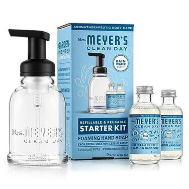 MRS. MEYER'S CLEAN DAY Foaming Hand Soap Dispenser &amp; Concentrate Starter Kit,1 Glass Dispenser (10 Fl. Oz.) &amp; 2 Concentrated Refills (2 Fl.Oz. each),Rain Water, Makes 20 Fl. Oz. of Foaming Soap Total