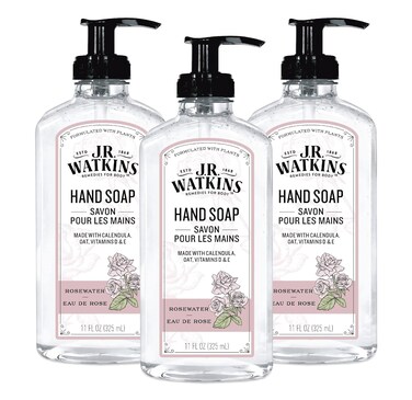 J.R. Watkins Gel Hand Soap With Dispenser, Moisturizing Hand Wash, All Natural, Alcohol-Free, Cruelty-Free, USA Made, Rosewater, 11 Fl Oz (Pack of 3)