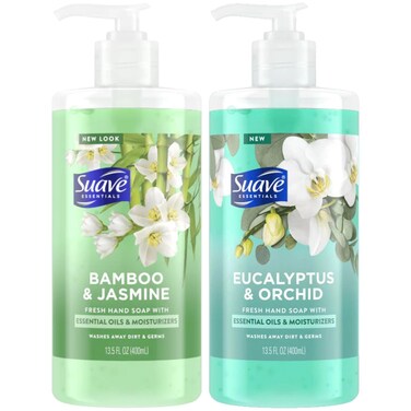 Suave Hand Soap, Bamboo &amp; Jasmine + Eucalyptus &amp; Orchid Variety 2-Pack &ndash; Fresh Hand Wash with Essential Oils &amp; Moisturizers, 13.5 Oz Ea