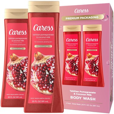 Caress Body Wash, Tahitian Pomegranate &amp; Coconut Milk, Moisturizing Body Wash for Renewed, Glowing Skin, Exfoliating Body Soap Liquid, 20 Fl Oz (Pack of 2)