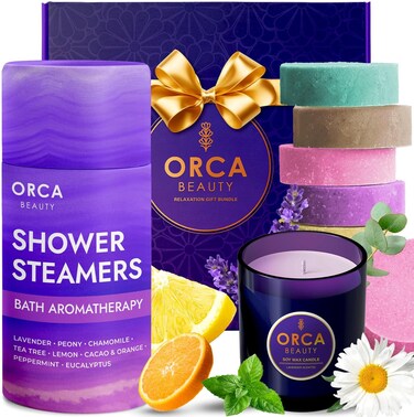 8-Pcs Shower Steamers Aromatherapy &amp; Scented Candle - Birthday Self Care Relaxation Gifts for Women, Pampering Shower Bombs Aromatherapy, Spa Day Essentials, Christmas Purple Gift Bundle