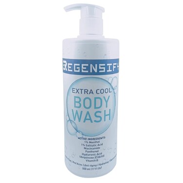 REGENSIFY Red Acne Extra Cool Body Wash 500 ml (17 Fl Oz) [1% Menthol, 1% Salicylic Acid, Niacinamide, Panthenol, Hyaluronic Acid, Coenzyme Q10, Vitamin E] - Anti Aging, Hydrating, Icy Shower Gel