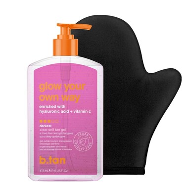 b.tan Best Clear Self Tanning Gel with Mitt Kit   Glow Your Own Way Bundle - Ultra Dark, Quick Express Tanner Gel for Face &amp; Body with Applicator, Transfer-Proof, No Fake Tan Smell, 16 Fl Oz