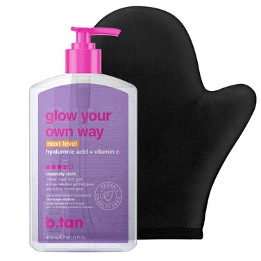 b.tan Insanely Dark Clear Self Tanning Gel with Mitt Kit   Glow Your Own Way Next Level Bundle - Quick Express Tanner for Face and Body with Applicator, Transfer-Proof, No Fake Tan Smell, 16 Fl Oz
