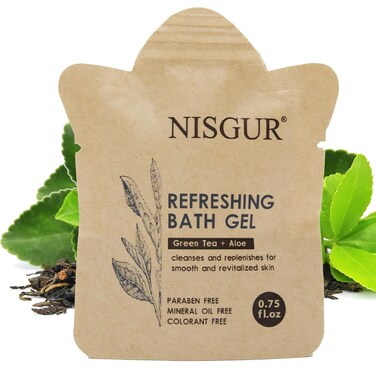 Bulk Travel Size Body Wash 0.75 oz 100 Pack Non Plastic Hotel Bath Gel Kraft Paper Pouch Travel Shower Gel Aloe and Green Tea Extract Infused Hotel Supplies and Toiletries for Guest