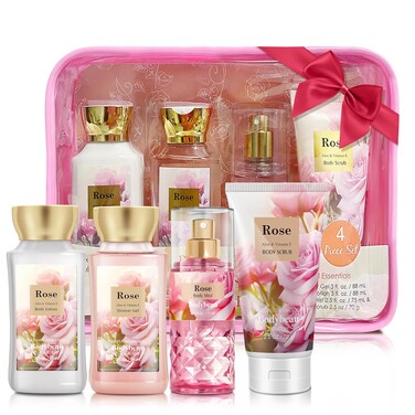 Bath and Body Gift Set for Women &amp; Girls, Rose 4PCS Set for - Shower Gel, Body Lotion, Body Mist, Exfoliating Scrub, Personal Portable Body Care Travel Set