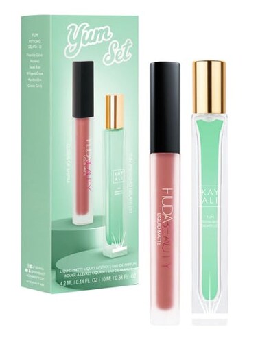 Huda Beauty Kayali Yum Gift Set - Pistachio Gelato   33 Eau De Parfum Travel Size Spray (0.34 fl oz / 10 ml) and Matte Liquid Lipstick in Shade Queen of Sheba (0.14 fl oz / 4.2 ml)
