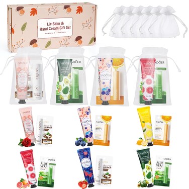 Lip Balm And Hand Cream Gift Set For Women,6 Natural Lip Balm Bulk + 6 Organza Bags + 6 Hand Lotion For Women, Christmas Gifts Stocking Stuffers Teacher Appreciation Gifts Thank You Gifts