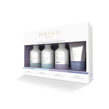 THEORIE PURE Travel Size Toiletries Set - Hypoallergenic Shampoo, Conditioner, Body Wash &amp; Face Scrub - Fragrance-Free, No Sulfates or Parabens - Clean Beauty Essentials for Hair &amp; Skin