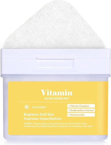 DERMAL Vitamin Toner Pad - Korean Toner Pad for Antioxidant &amp; Skin Glow Radiance Improvement with Vitamin C - Vegan Pure Cotton Square Pads - High Capacity, 120 Sheets
